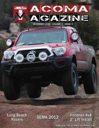 Cover of Tacoma Magazine, December 2012, featuring a red truck jumping over a dirt path.