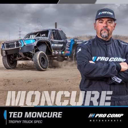 Ted Moncure in a racing suit standing in front of his Toyota trophy truck, with the text Moncure overlayed.
