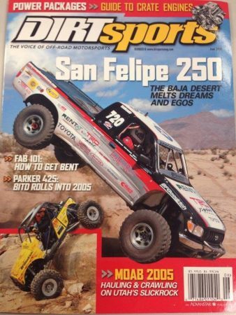 June 2005 issue of Dirt Sports magazine featuring a racing truck mid-air over a smaller off-road vehicle on the cover.