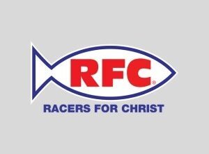 Logo for Racers for Christ, featuring the letters RFC in red inside a white fish outline with a blue border, with the text RACERS FOR CHRIST in blue below, providing a contact point for the ministry.