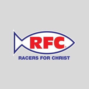 Logo for Racers for Christ, featuring the letters RFC in red inside a white fish outline with a blue border, with the text RACERS FOR CHRIST in blue below, providing a contact point for the ministry.