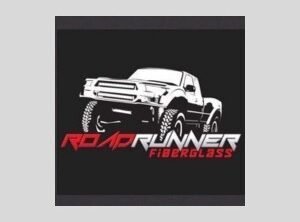 Logo for Roadrunner Fiberglass featuring a stylized white illustration of a pickup truck above the company name in red and white text, designed for easy contact.