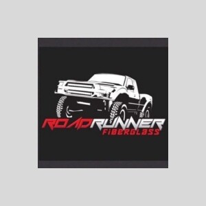 Logo for Roadrunner Fiberglass featuring a stylized white illustration of a pickup truck above the company name in red and white text, designed for easy contact.