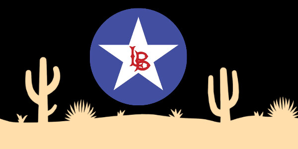 A black flag featuring a tan desert landscape with cacti at the bottom, and a blue circle containing a white star with the red letters LB in the center.