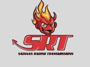 Logo for Satanas Racing Transmissions featuring a cartoon devil head with flames above the SRT acronym, where the letter T extends into a devil’s tail; contact us for more information.